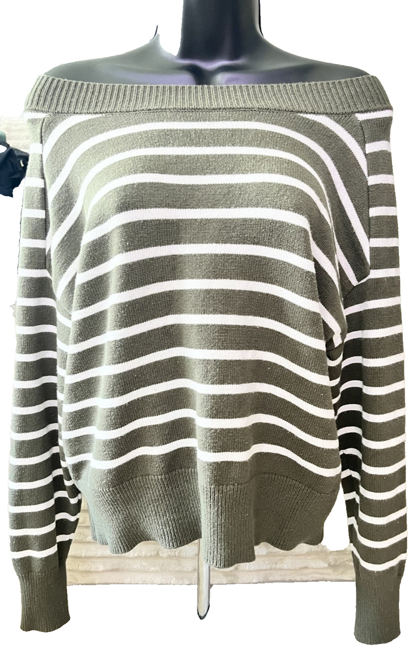 Women's Truth Size XS Dark Green White Stripe Knit Long Sleeve Sweater